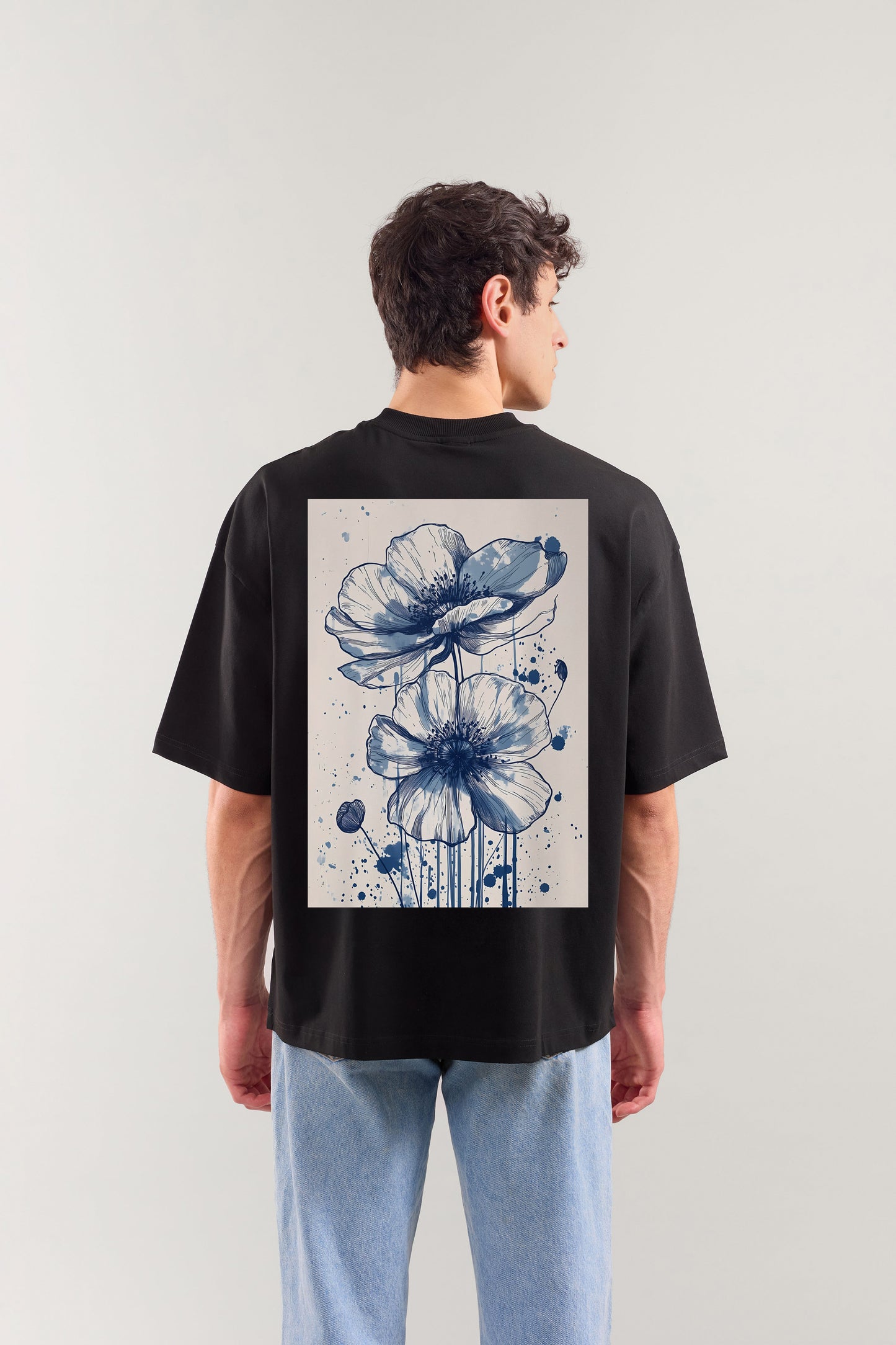 Indigo Petals Oversized T-Shirt – Black | Artistic Streetwear