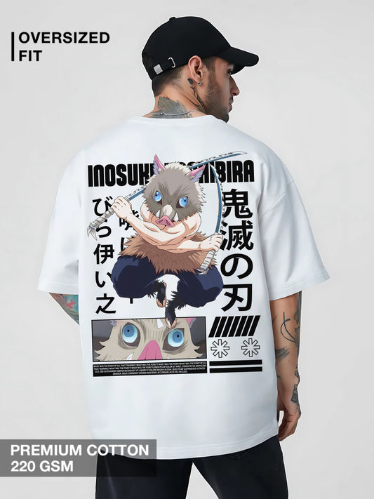 White oversized anime-inspired T-shirt with bold Inosuke-style battle graphic, Japanese kanji, and manga panel art – streetwear cotton tee for men