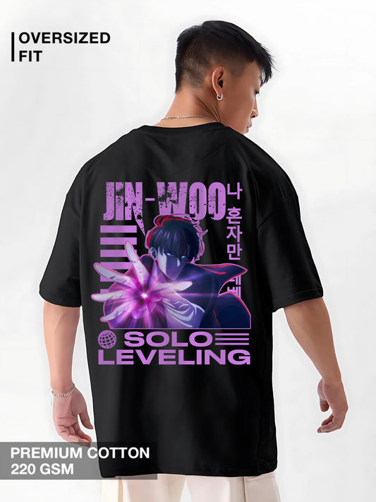 Anime-inspired oversized T-shirt with Jin-Woo style shadow powers artwork – black cotton streetwear for men, Solo Leveling fan tee design