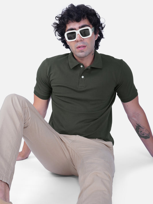 Army Green Cotton Matty Lycra Premium Polo T-Shirt for Men – Classic Fit, Breathable Fabric