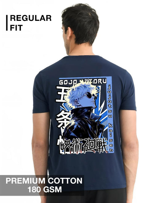 Gojo Satoru Jujutsu Kaisen anime T-shirt with blue manga design