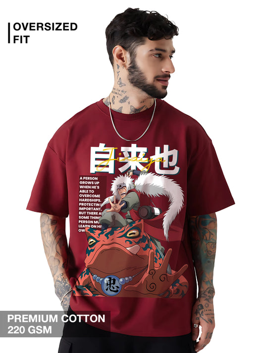 Jiraiya maroon oversized Naruto T-shirt with Gamabunta and quote – 220 GSM premium cotton anime streetwear for men in India
