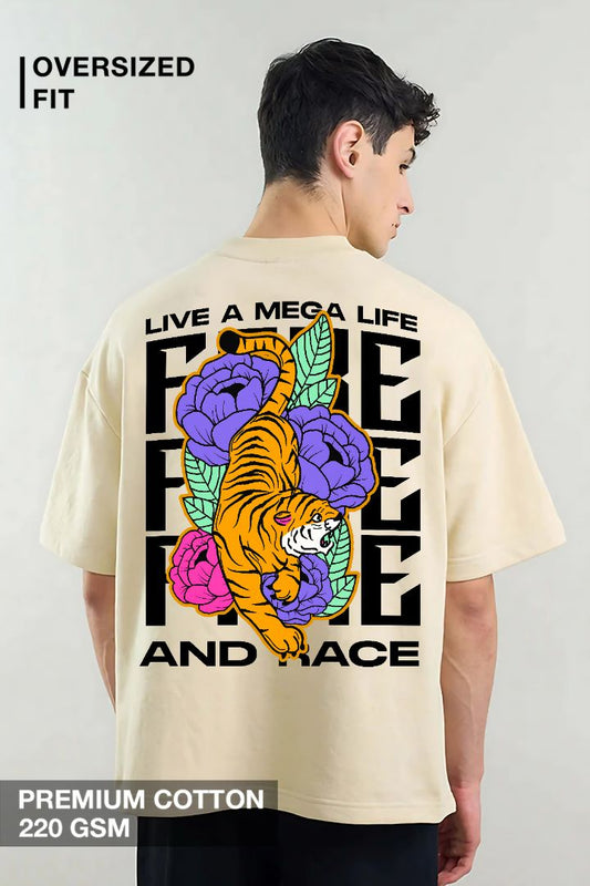 Man wearing oversized 220 GSM beige t-shirt with colorful tiger and floral back print