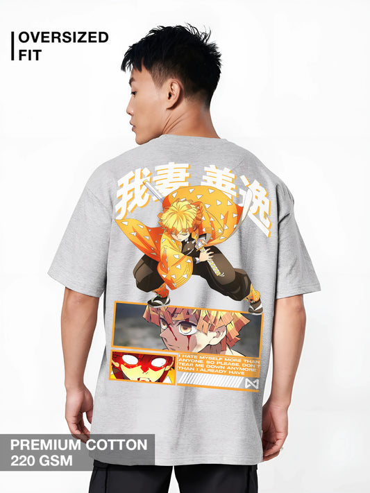 Zenitsu Agatsuma Thunder Breathing oversized anime T-shirt for men – Demon Slayer inspired back print with manga panels and Japanese kanji