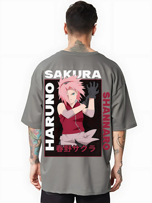 Sakura Haruno Oversized Anime T-Shirt – Steel Grey Edition