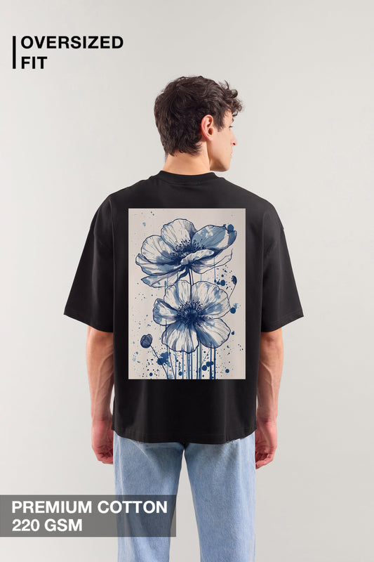 Indigo Petals Oversized T-Shirt – Black | Artistic Streetwear