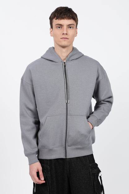 Drop Shoulder Zipper Hoodie – Grey