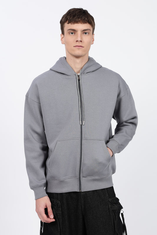Drop Shoulder Zipper Hoodie – Grey