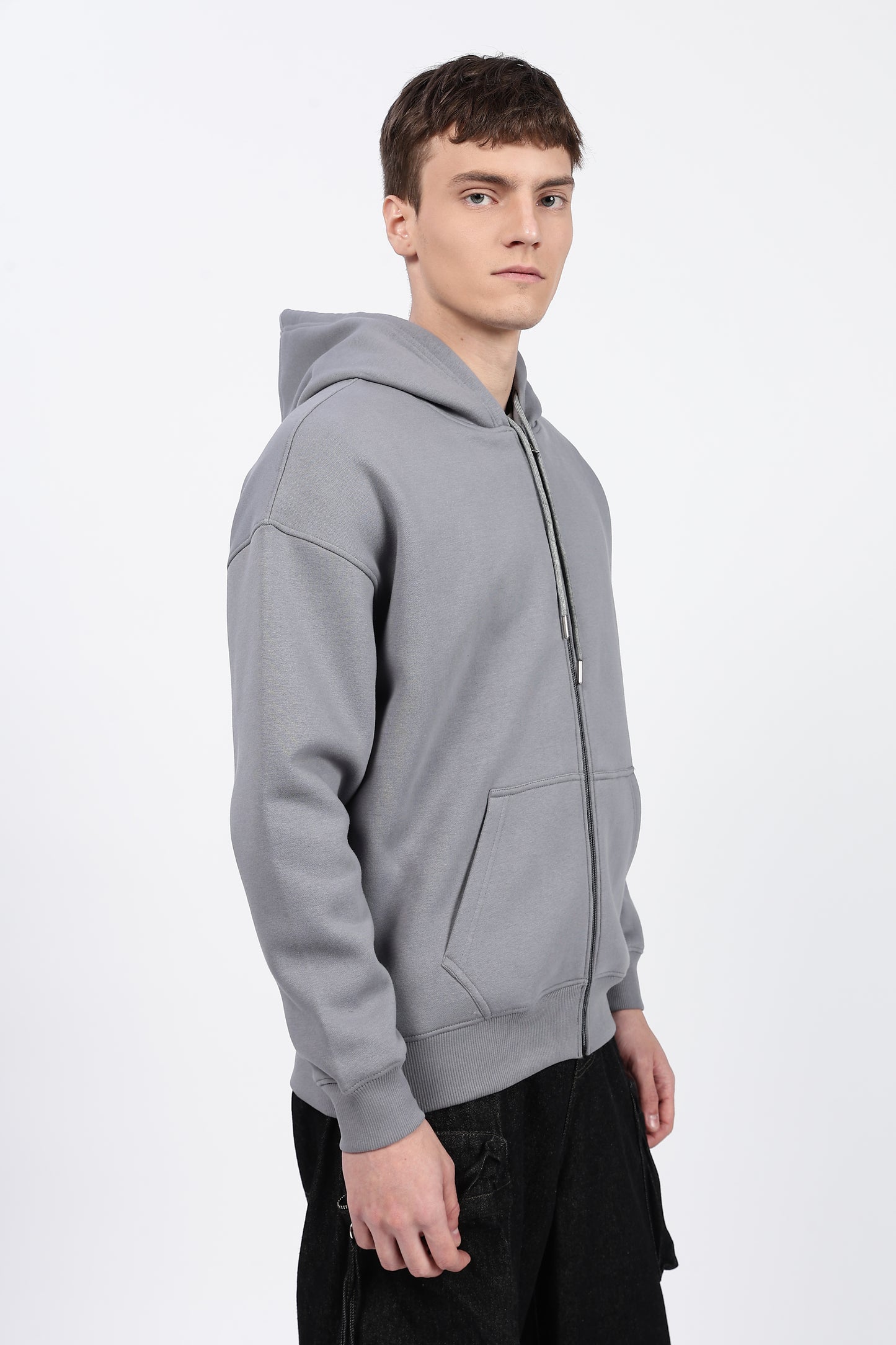 Drop Shoulder Zipper Hoodie – Grey