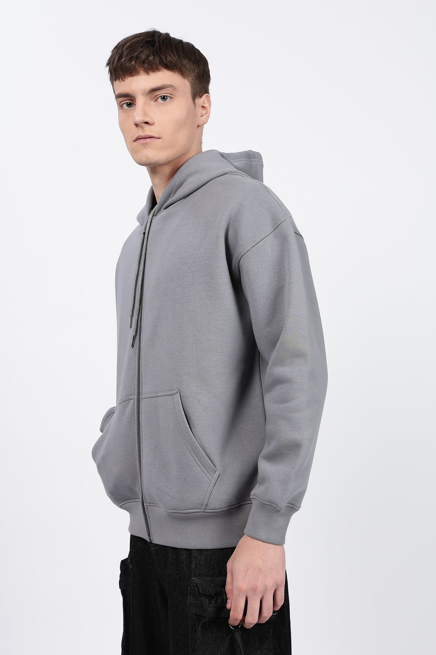Drop Shoulder Zipper Hoodie – Grey