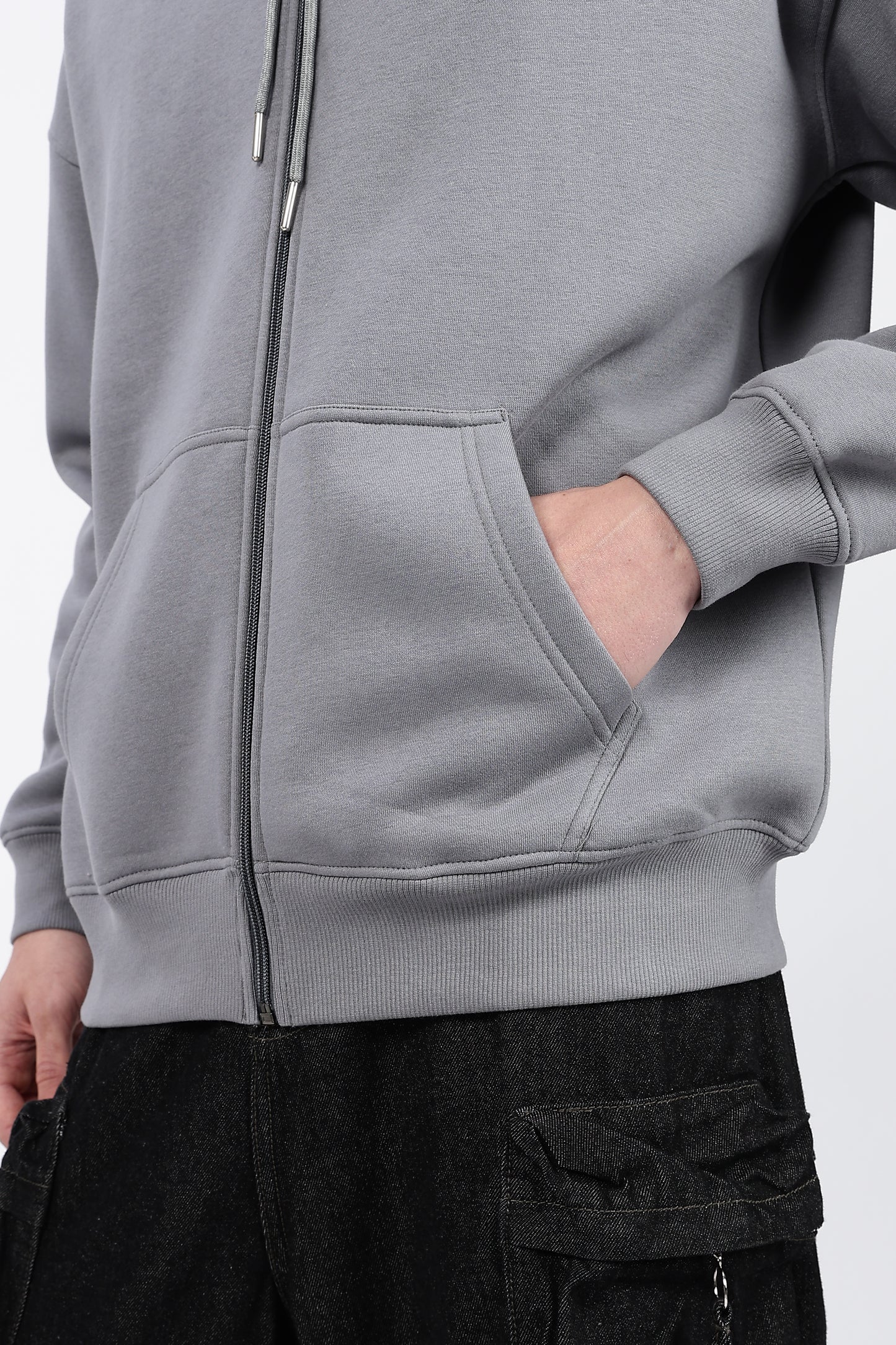 Drop Shoulder Zipper Hoodie – Grey