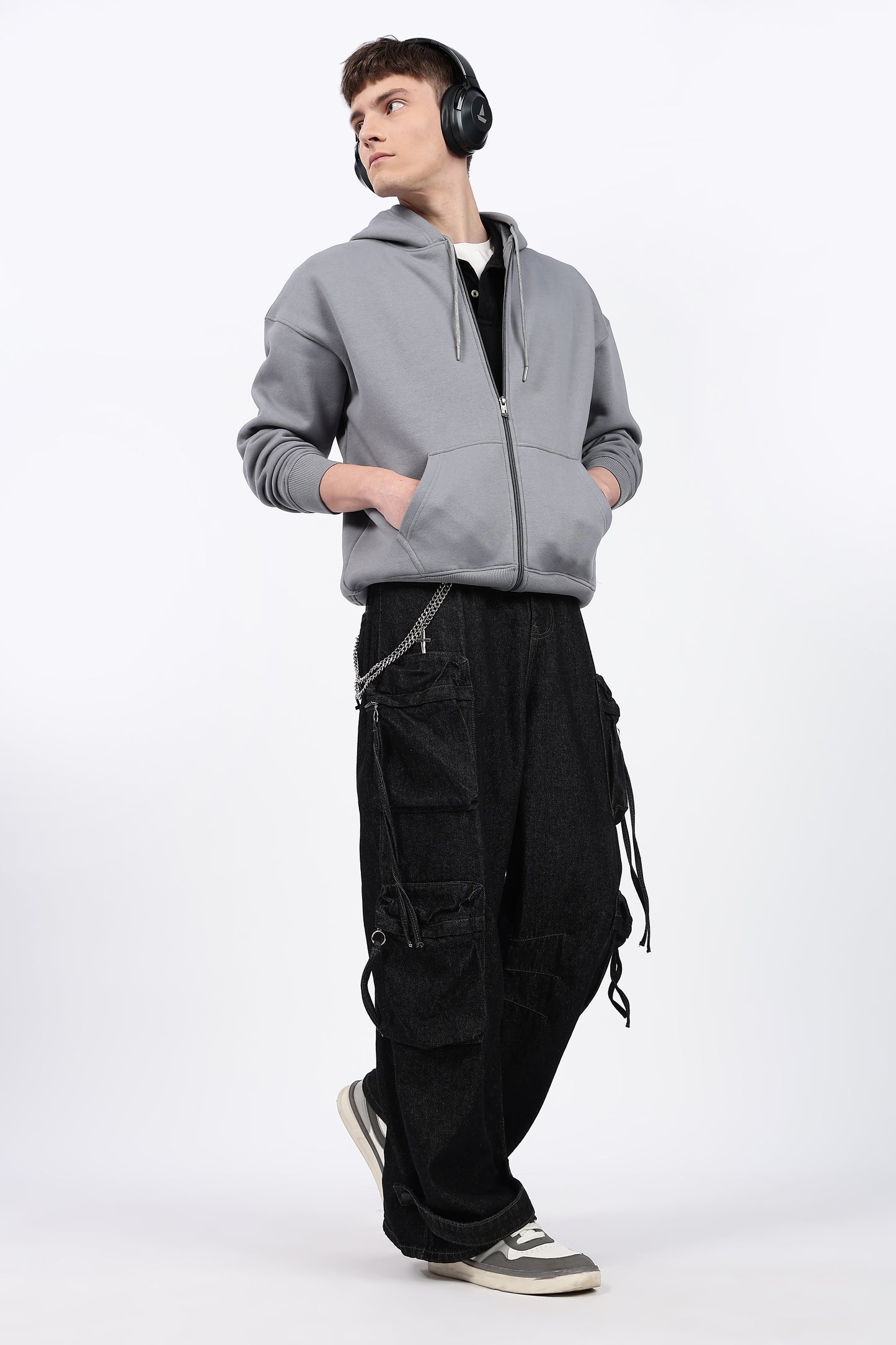 Drop Shoulder Zipper Hoodie – Grey