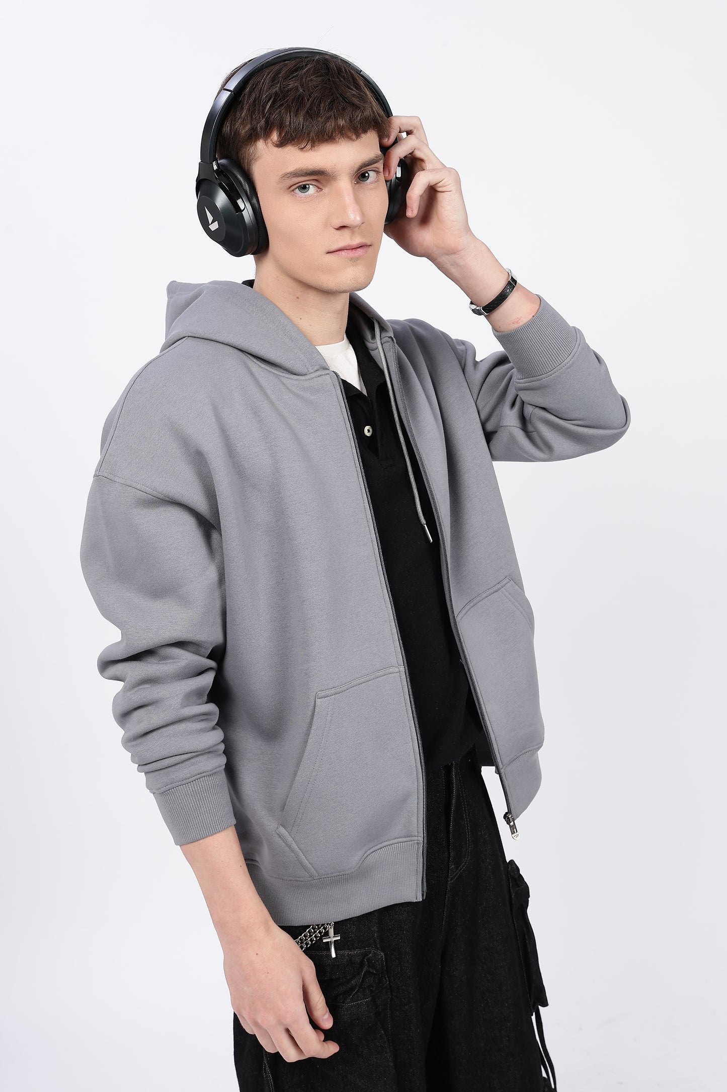 Drop Shoulder Zipper Hoodie – Grey