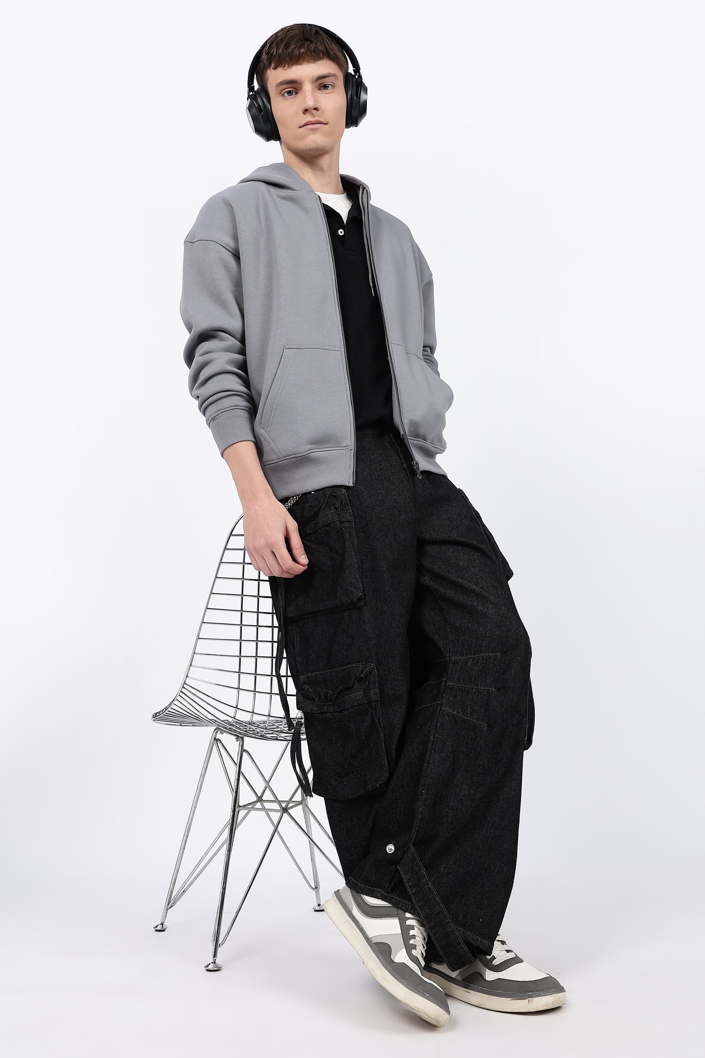 Drop Shoulder Zipper Hoodie – Grey