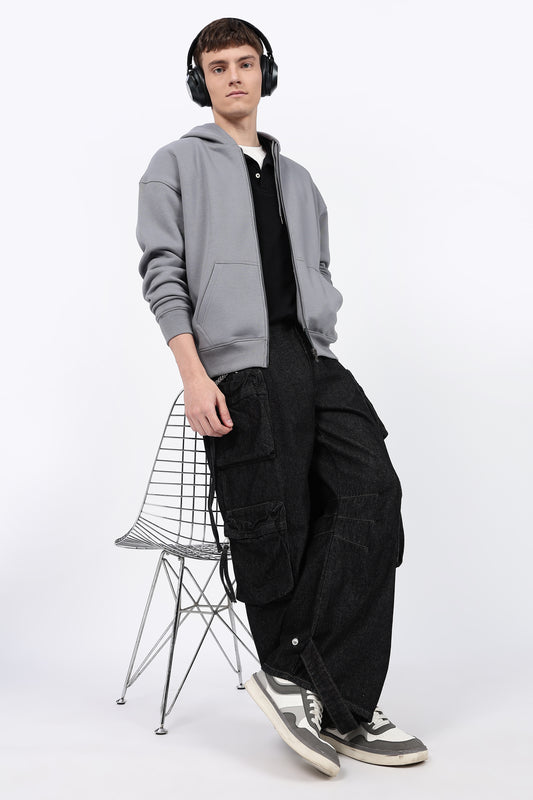 Drop Shoulder Zipper Hoodie – Grey