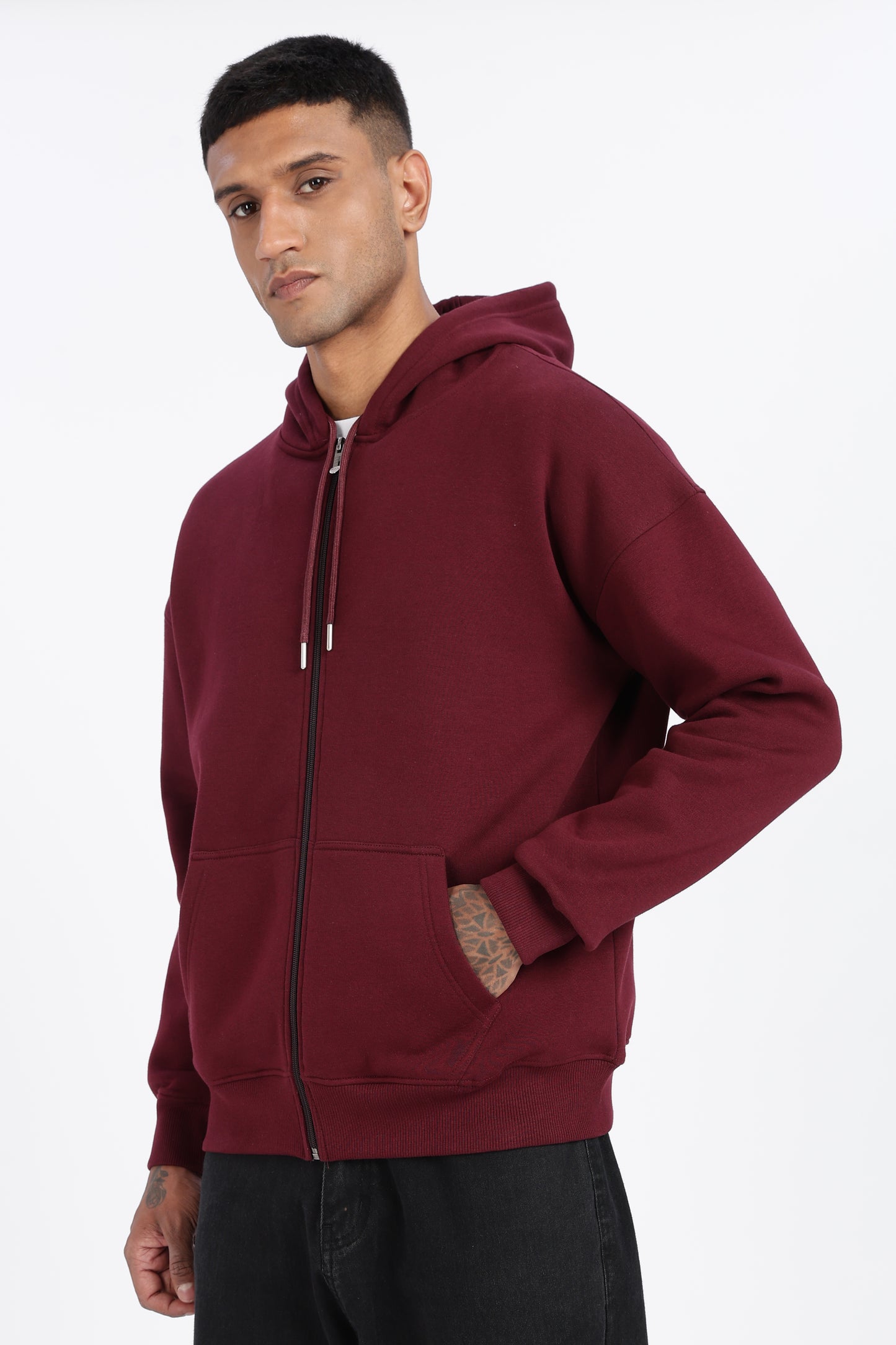 Drop Shoulder Zipper Hoodie – Maroon