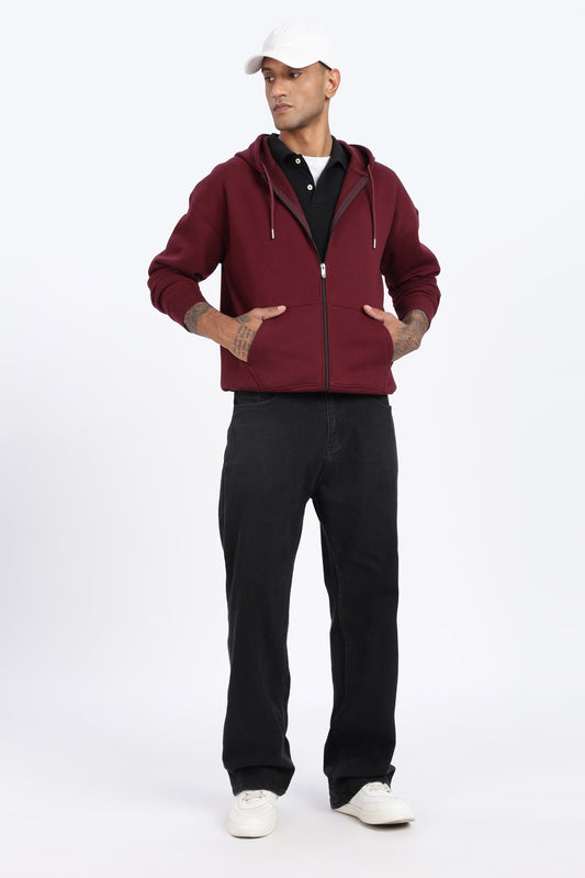 Drop Shoulder Zipper Hoodie – Maroon