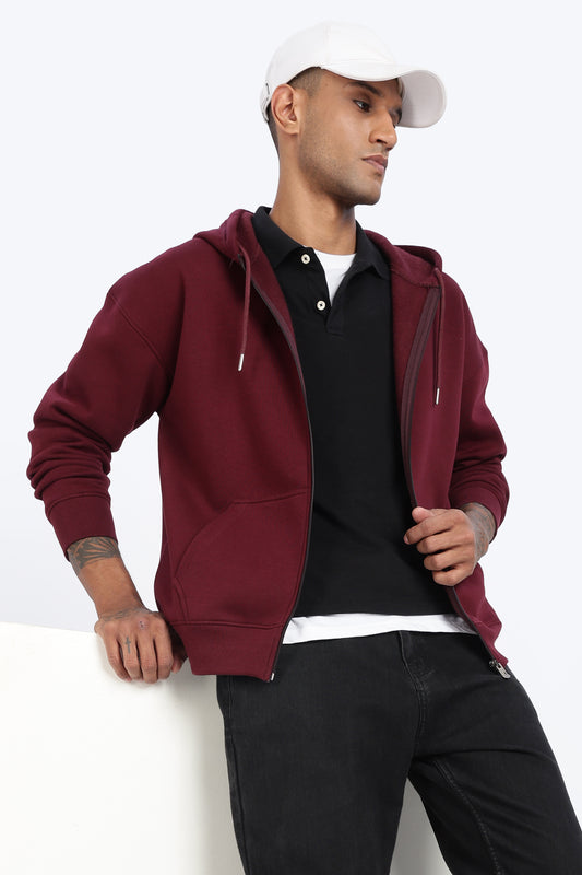 Drop Shoulder Zipper Hoodie – Maroon