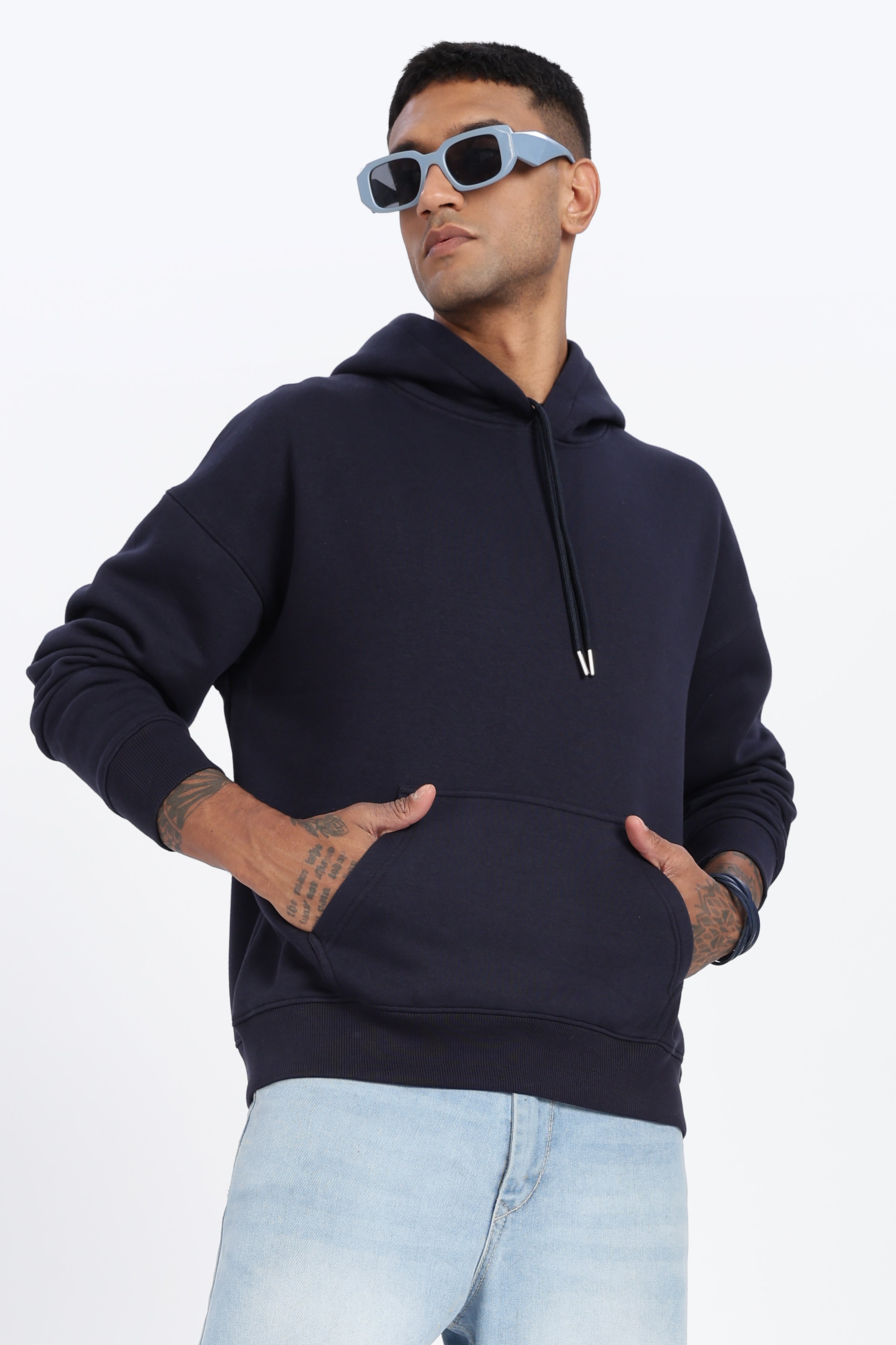 Buy Navy Blue Drop Shoulder Hoodie | 350 GSM Heavy Fleece – Megakart