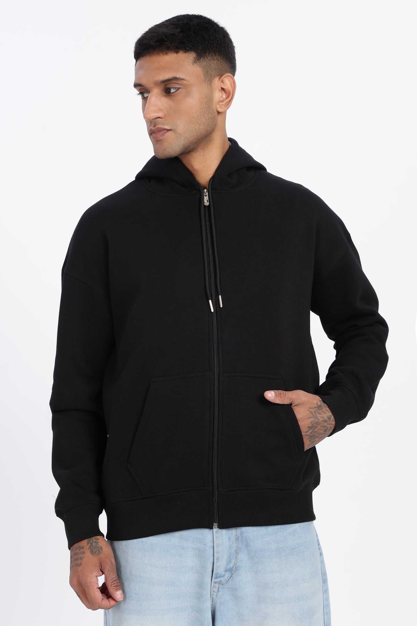 Drop Shoulder Zipper Hoodie – Black