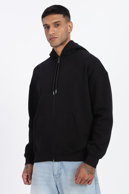 Drop Shoulder Zipper Hoodie – Black