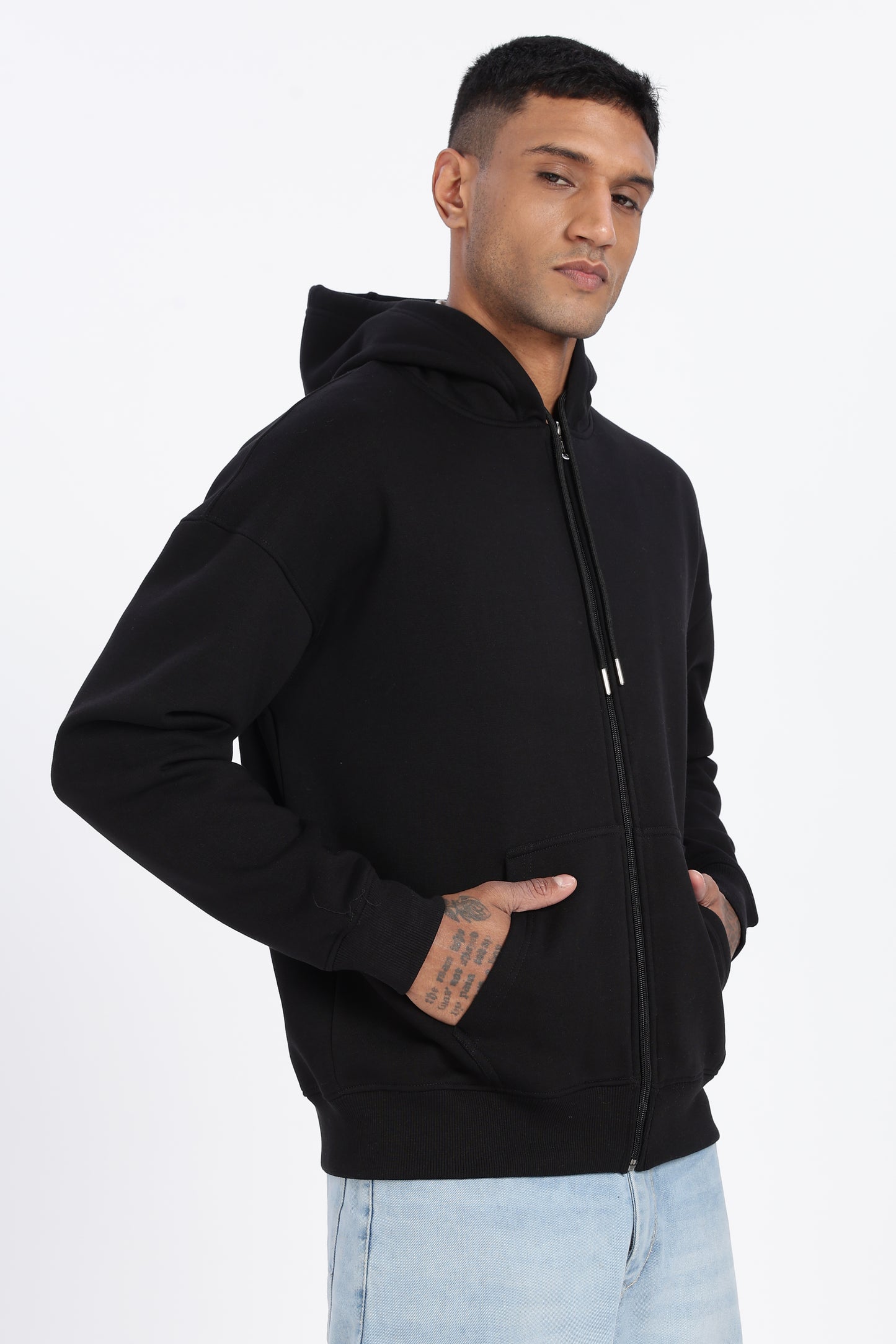 Drop Shoulder Zipper Hoodie – Black