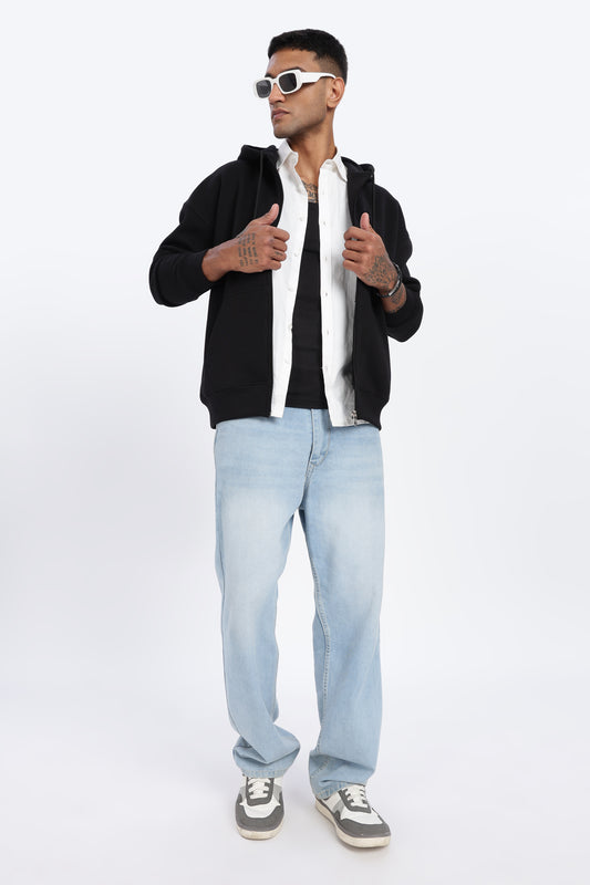 Drop Shoulder Zipper Hoodie – Black