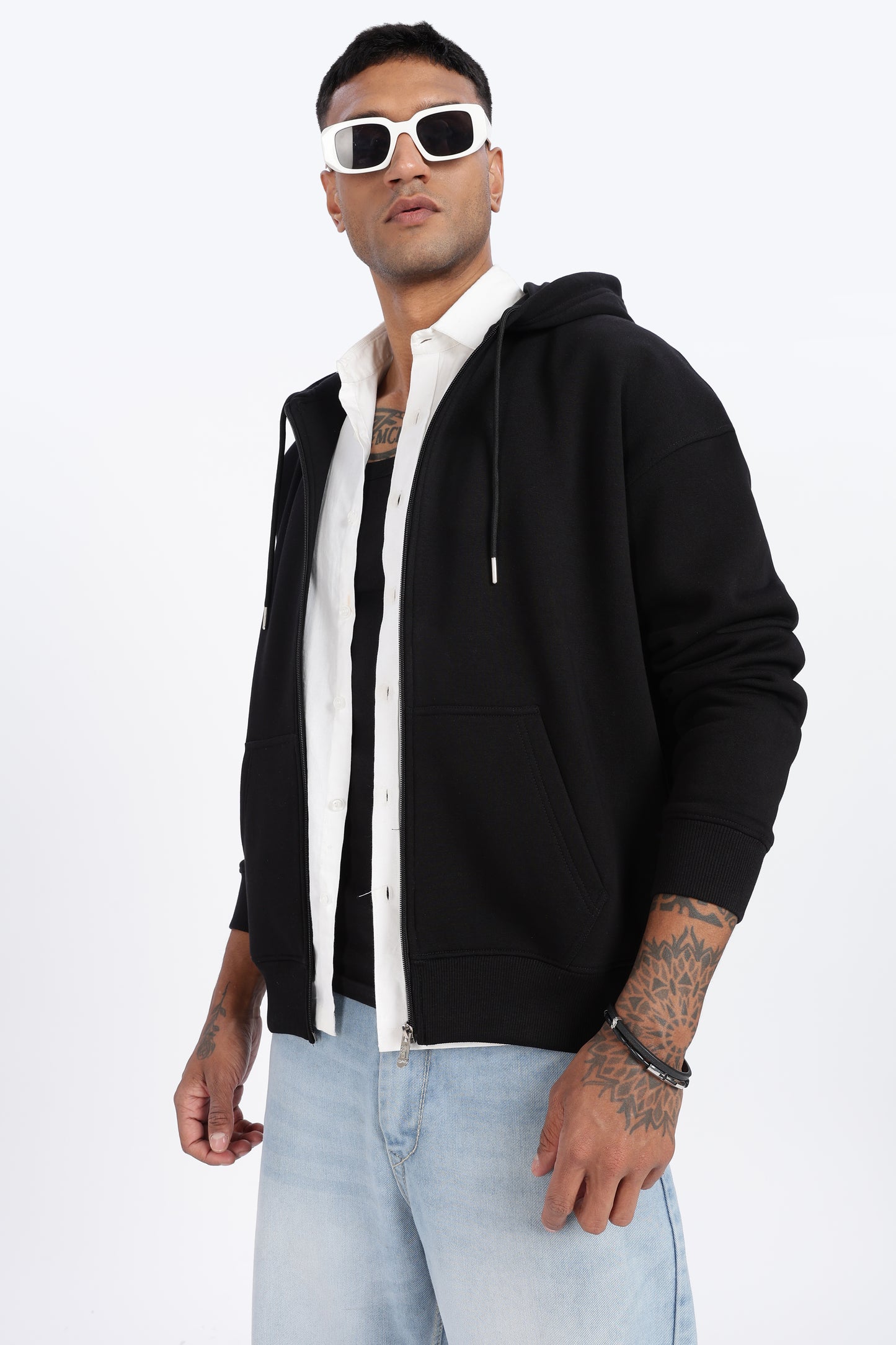 Drop Shoulder Zipper Hoodie – Black