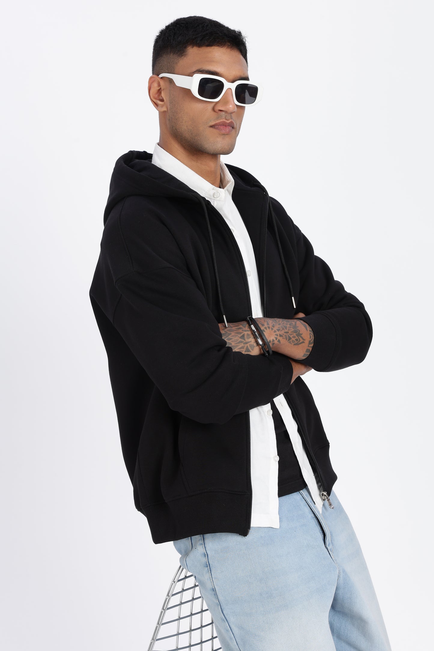 Drop Shoulder Zipper Hoodie – Black