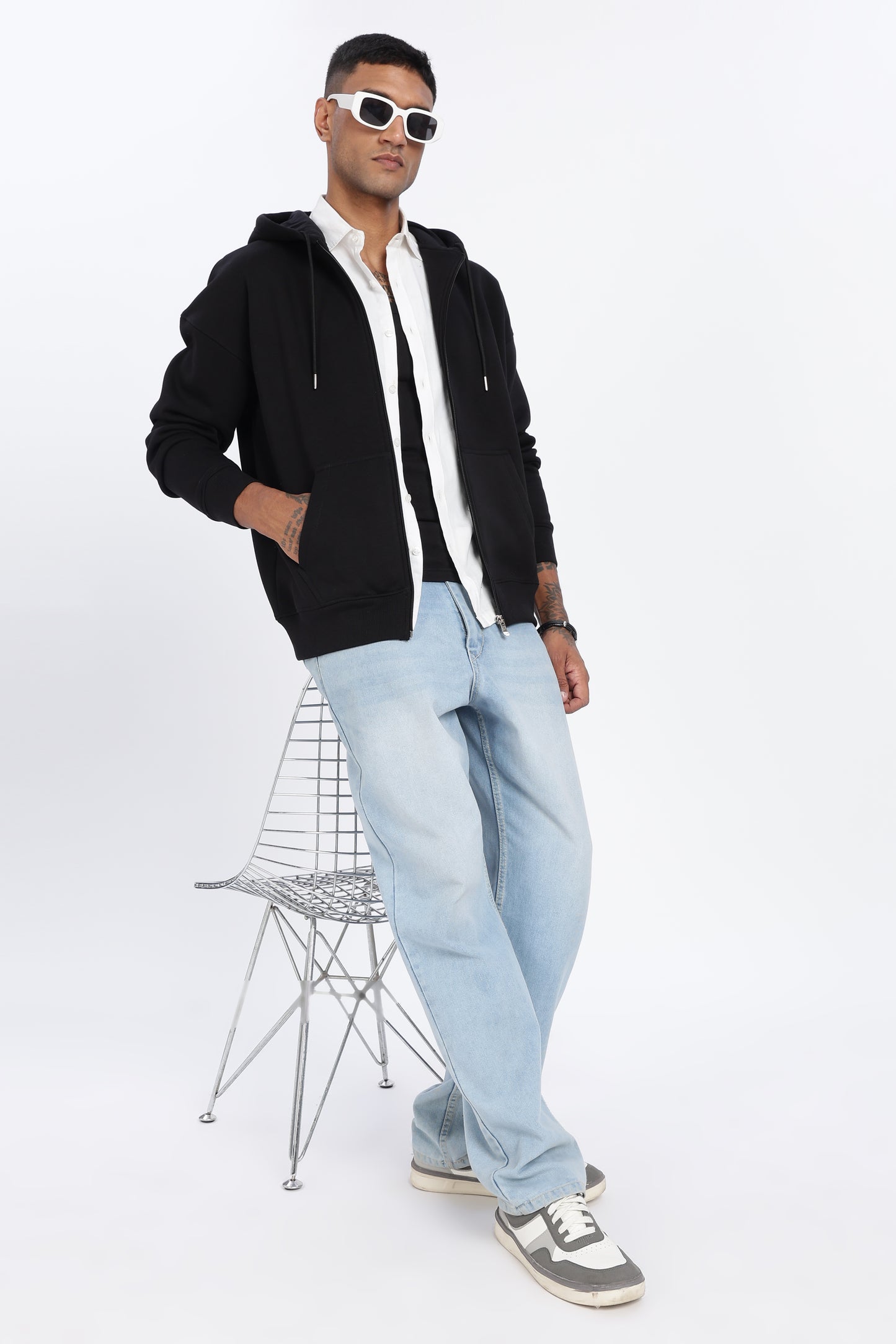 Drop Shoulder Zipper Hoodie – Black