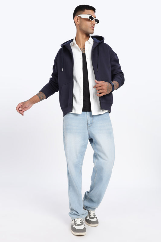 Drop Shoulder Zipper Hoodie – Navy Blue