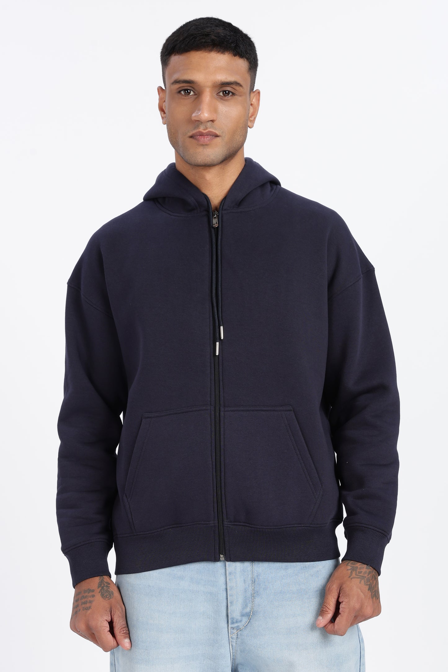 Drop Shoulder Zipper Hoodie – Navy Blue