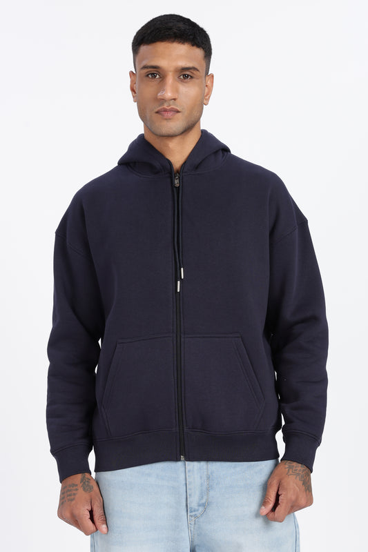 Drop Shoulder Zipper Hoodie – Navy Blue
