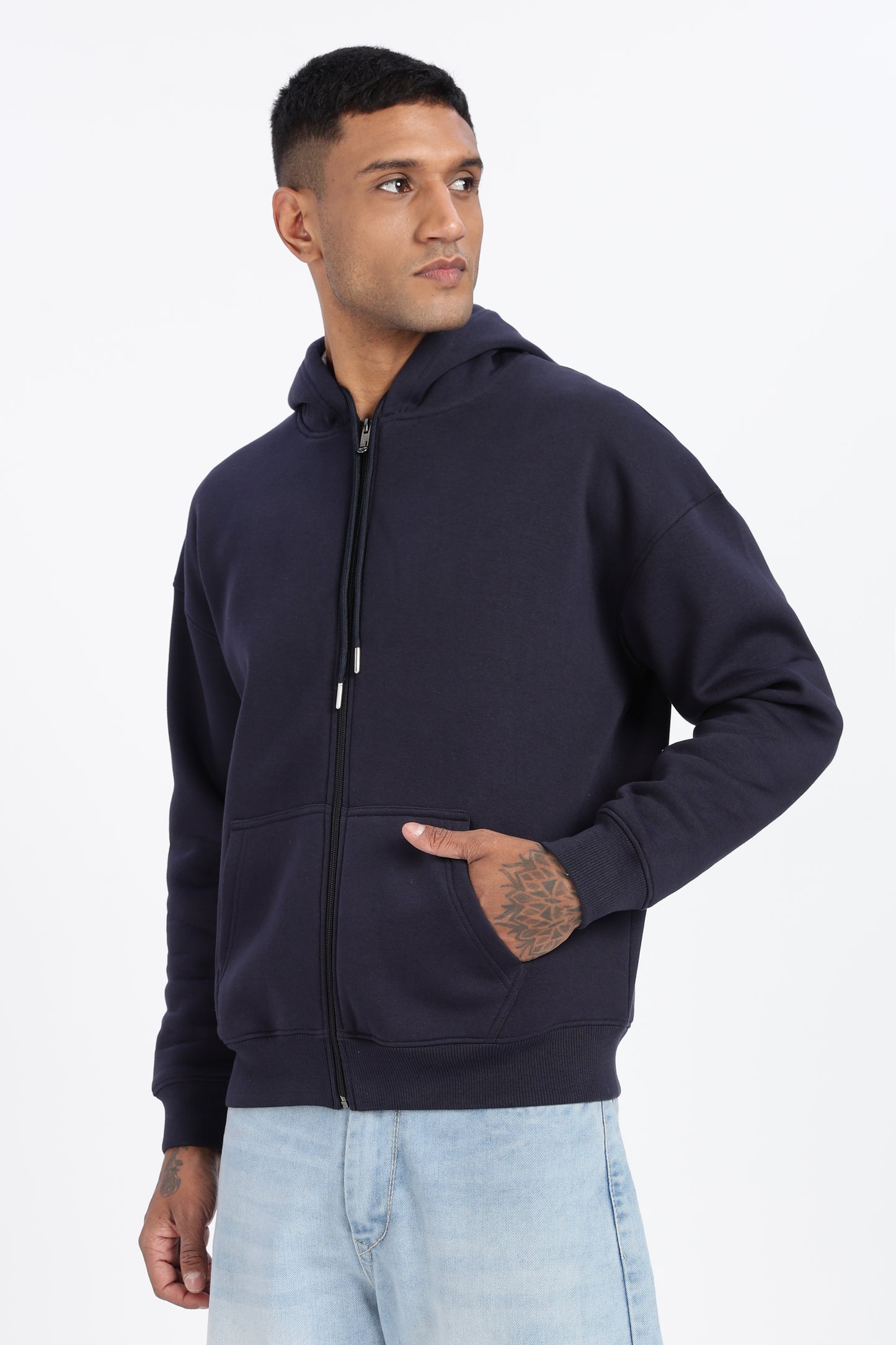 Drop Shoulder Zipper Hoodie – Navy Blue