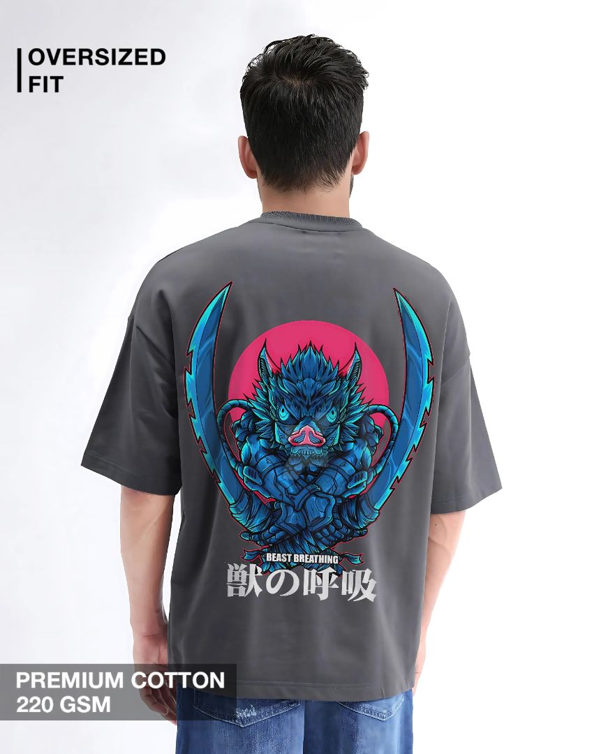 Back view of man wearing oversized gray Inosuke T-shirt with Beast Breathing anime graphic and Japanese text from Megakart