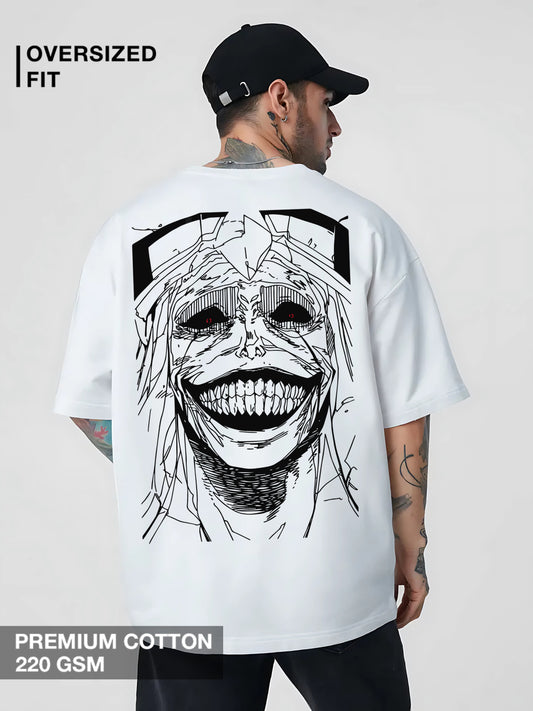 Grinning Titan oversized anime t-shirt featuring Attack on Titan and Solo Leveling Demon King inspired manga art