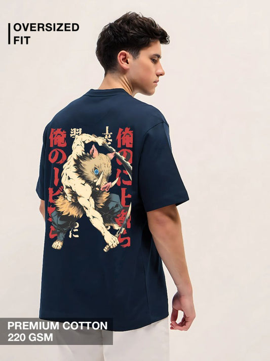 Navy blue oversized Inosuke Demon Slayer anime graphic T-shirt from Megakart