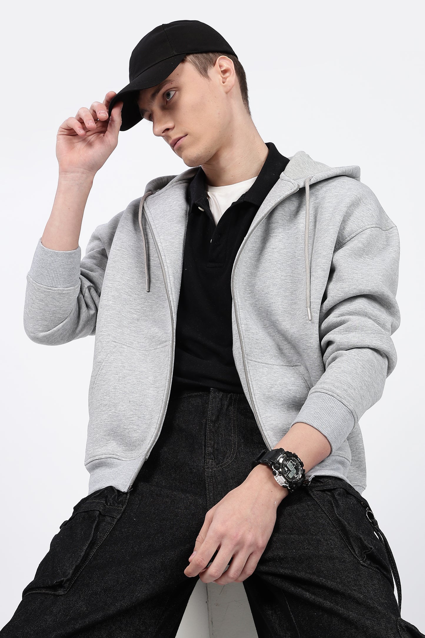 Mélange Grey 350 GSM Heavy Cotton Fleece Drop Shoulder Zipper Hoodie – Megakart