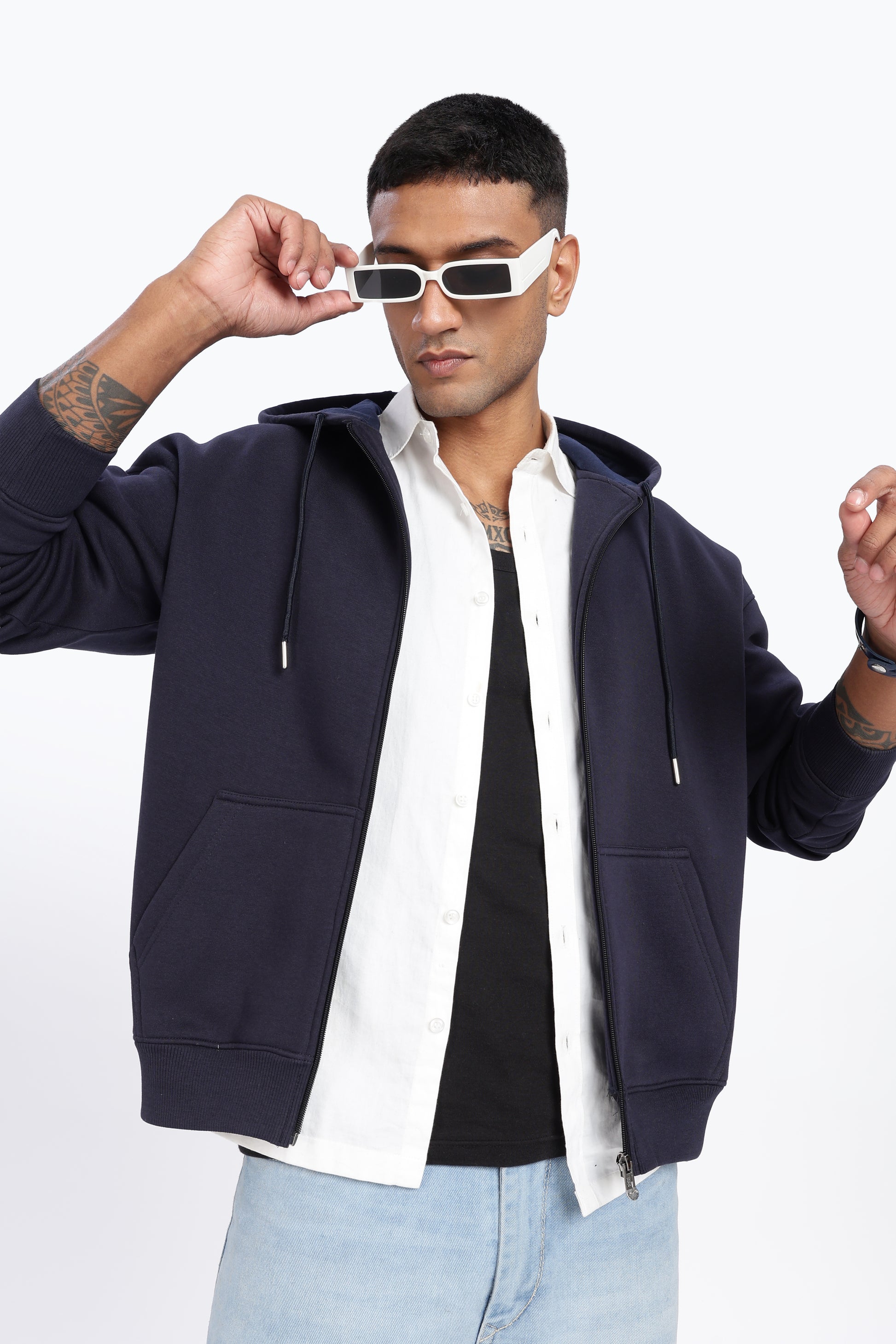 Navy Blue 350 GSM Heavy Cotton Fleece Drop Shoulder Zipper Hoodie – Megakart