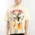 Samurai Jack anime T-shirt with fiery graphic print of Jack and Aku – oversized fit for men