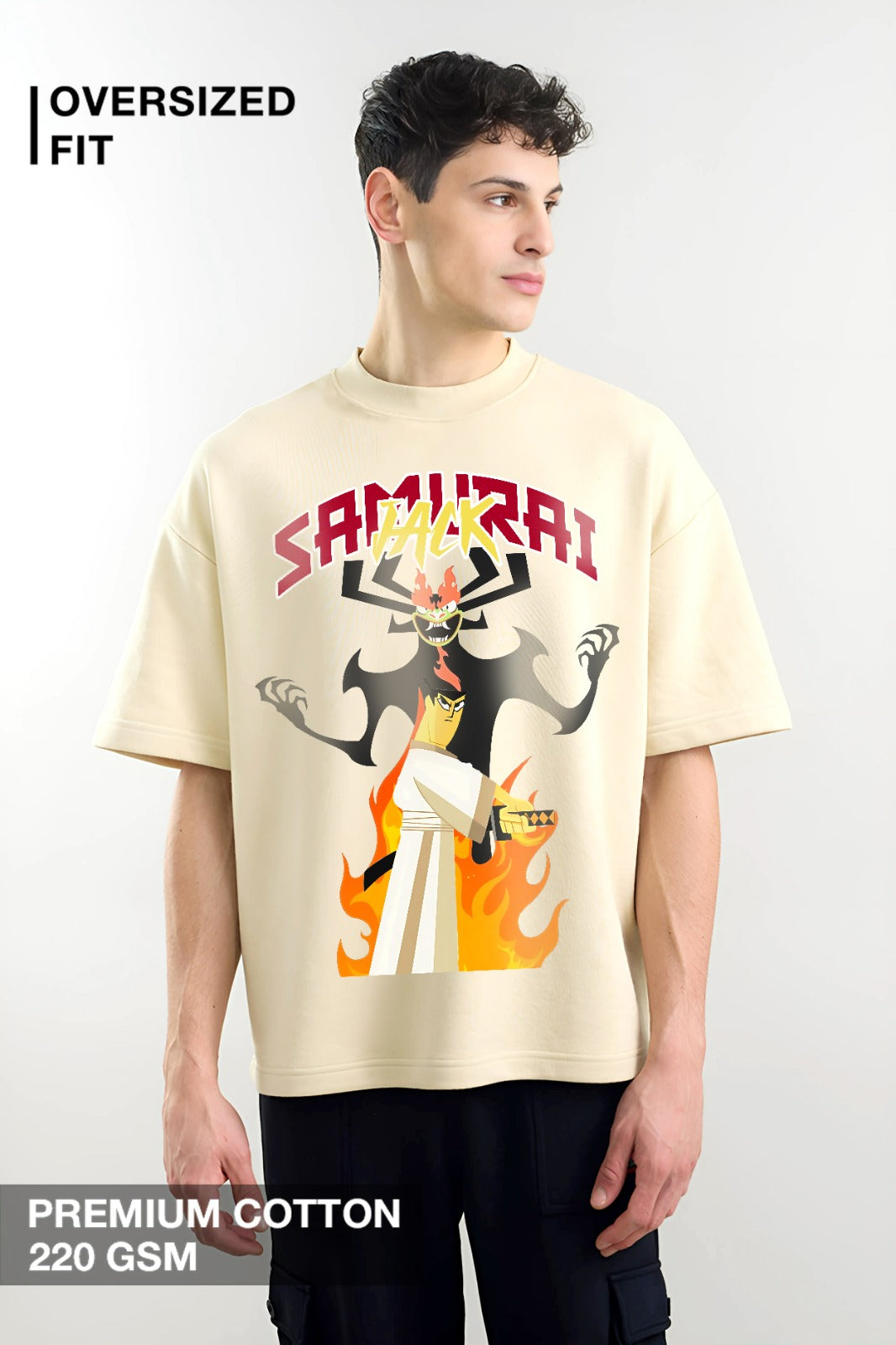 Samurai Jack anime T-shirt with fiery graphic print of Jack and Aku – oversized fit for men