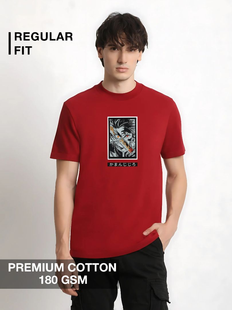 Tanjiro red anime graphic T-shirt with sword and Japanese text – Megakart men's cotton tee