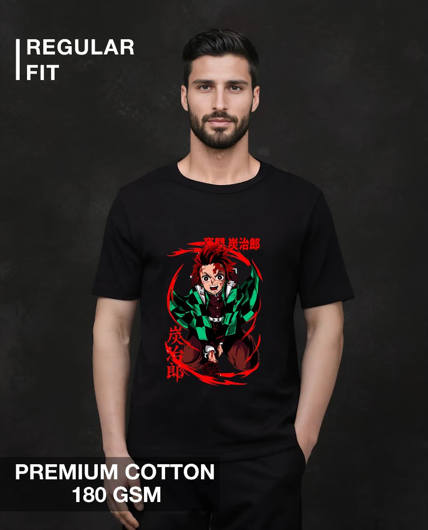 anjiro Kamado Demon Slayer Anime T-Shirt – Black Round Neck for Men